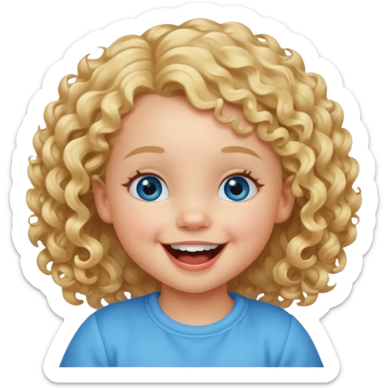 Cutest little toddler girl with curly blonde hair, dimple in right cheek, blue eyes, laughing sticker