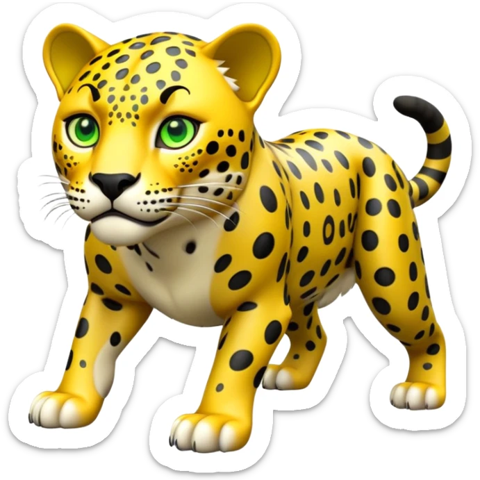 cinematic-jaguar-realistic-full-body-on all fours-emoji,-powerful-frame-poised-for-action,-yellow-fur-adorned-with-bold-black-rosettes,-head-tilted-dramatically,-piercing-green-eyes-locked-onto-its-prey,-simplified-yet-realistic-focused-features,-highly-detailed,-glowing-with-an-almost-sarcastic-glow sticker