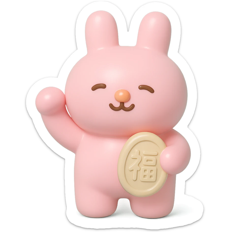 pink bunny holding lucky charm and pumping fist, vinyl figure style sticker