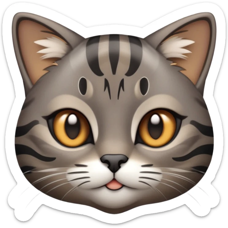 cinematic-cute-grey-and-black-brown-tabby-cat-portrait-emoji,-head-tilted-playfully-and-inquisitively,-sleek-grey-brown-fur-with-bold-black-tabby-stripes-and-a-distinctive-m-shaped-marking-on-the-forehead,-sparkling-amber-eyes,-simplified sticker