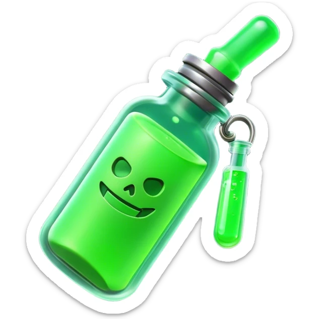 Clash of Clans aesthetic: Cinematic Playful Sci-fi green health pack Emoji, rendered in a 3D vector-style similar to standard emojis with minimal shading and bold, simplified shapes. A compact, futuristic vial with a glowing neon liquid and sleek contours, softly glowing with a healing cosmic charm. Simplified yet unmistakably iconic, highly detailed and consistent, glowing with a soft radiant glow and high shine. Stylized with a touch of futuristic alchemy and a soft glowing outline, capturing the essence of a vital energy elixir with a playful, interstellar spirit! sticker