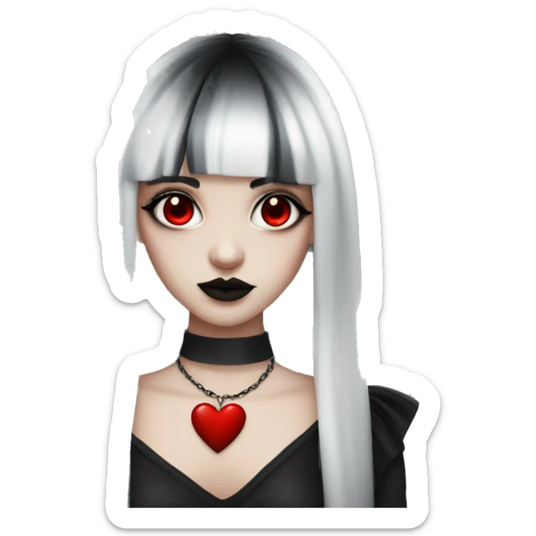 goth girl with long black hair with fringe haircut and red eyes with white skin and goth clothing with red heart necklace sticker