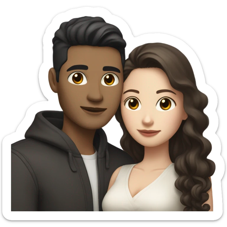 A pale half Asian man with short dark hair and amber eyes embracing and loving a white woman with long wavy brunette hair and dark hazel eyes. They love each other a lot And have good fashion taste and are hugging each other tight  sticker