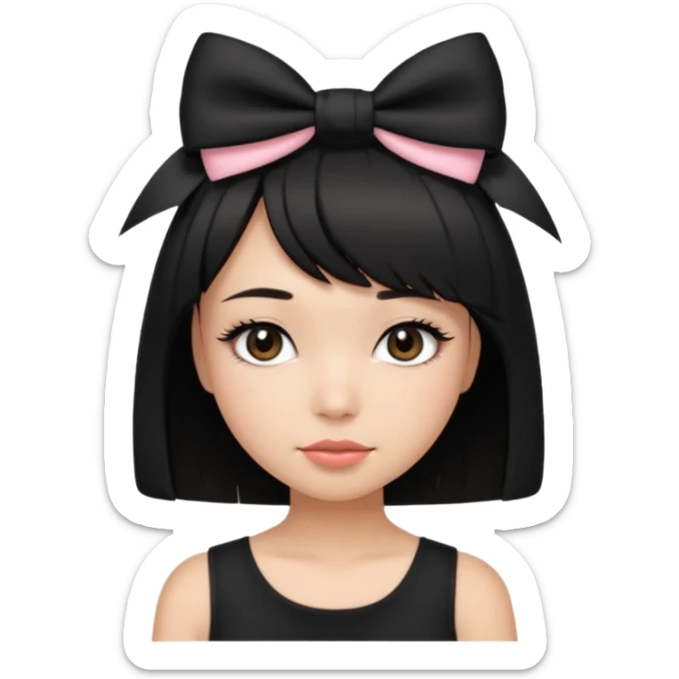 Girl with black cute bob cut with a black top and a bow on her head with long lashes sticker