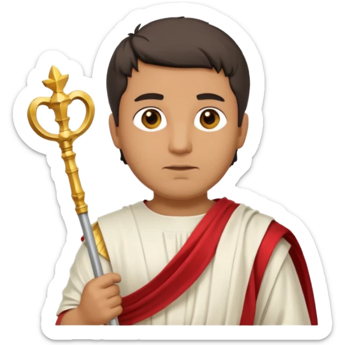 An emoji portrait of a Roman patrician. He wears a flowing white toga with a red stripe. He has a dignified expression and holds a golden scepter. sticker