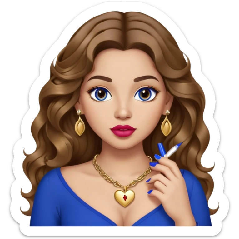 Light skinned girl, long wavy brown hair center-part with face framing pieces, big hazel eyes, gold heart necklace and earrings, royal blue long sleeve top, prominent blush, sassy, big lips, fancy long acrylic nails done, holding lipstick. She is curvy sticker