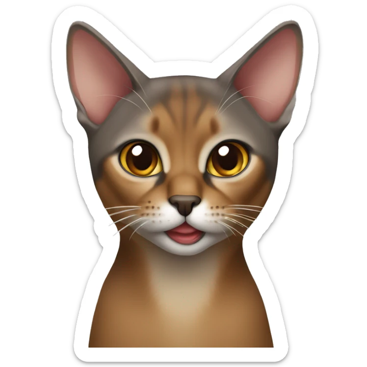 A grey and brown Abyssinian cat with one fang sticking out more than the other sticker