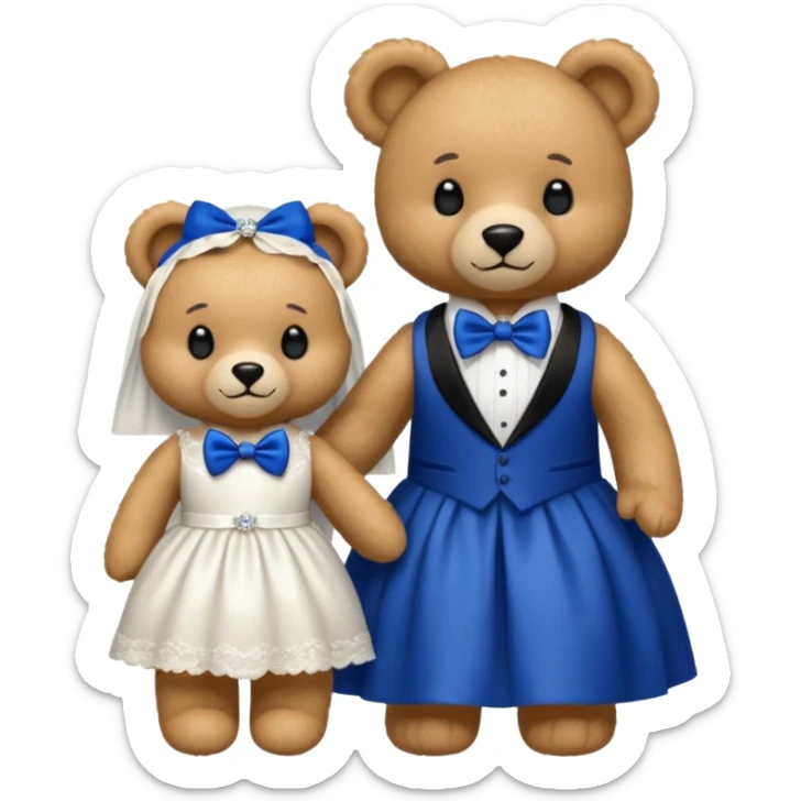 Teddy bear wearing white wedding dress holding the hand to another teddy bear wearing a big royal blue bow tie. The one with the white dress has no bows sticker