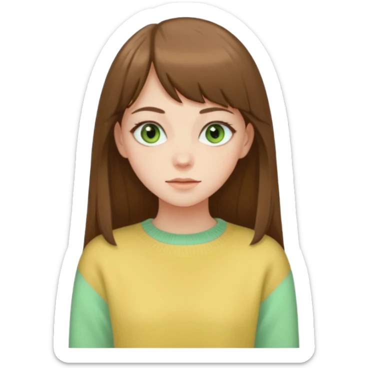 please create an emoji of a semi pale girl with long brown hair with a thin bang, green eyes, wearing a pastel yellow sweater sticker