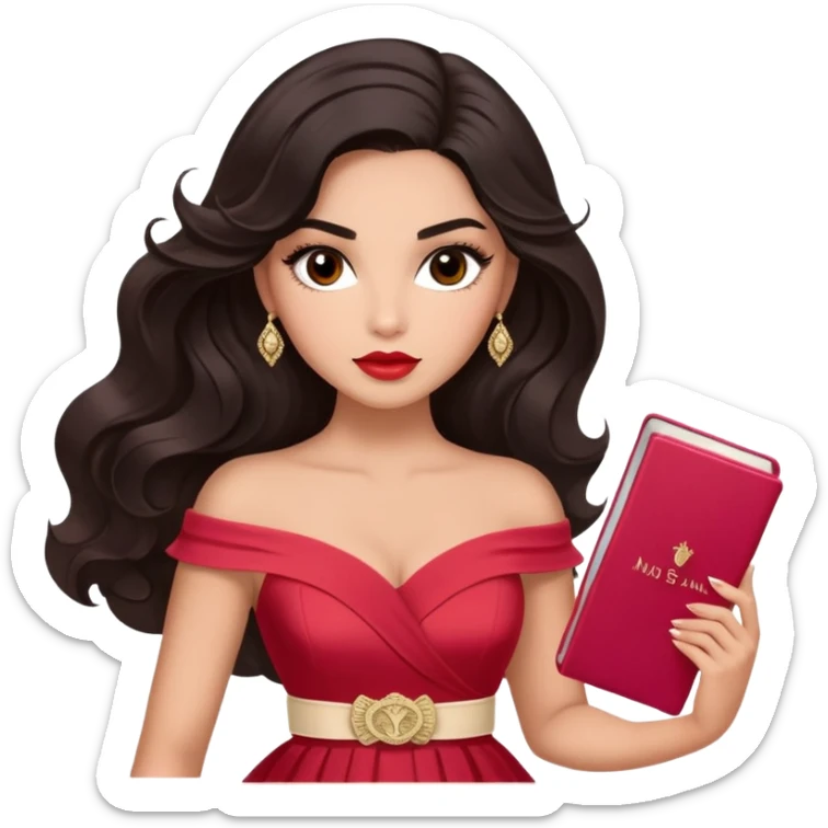 A woman with lighter almond-toned skin, voluminous dark hair in waves, expressive eyes with soft lashes and shimmer, full lips with a glossy nude-pink color, wearing a red dress and a white crossbody sash with “Miss San Juan” in black letters, exuding elegance and confidence. sticker