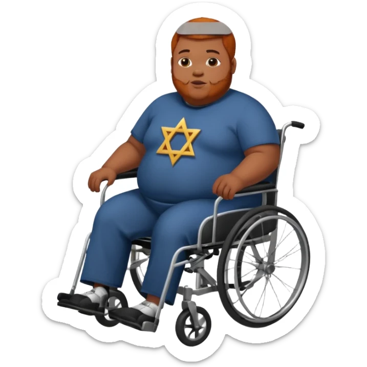 Obese Down syndrome black man with ginger hair in a wheelchair with a Jewish symbol  sticker