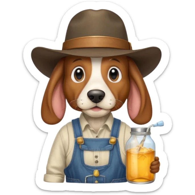 toothless hillbilly basset hound wearing a stetson and dungarees carrying moonshine sticker