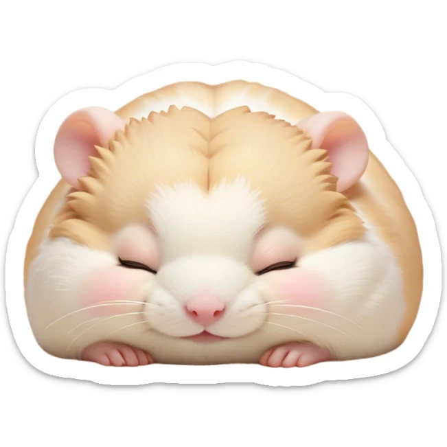 Meme-Worthy Cute Sleeping Cream Hamster Portrait Emoji, Head resting peacefully with a contented smile, showcasing a delightfully compact build and a luxuriously soft cream fur, eyes shut in a serene nap, Simplified yet hilariously adorable features, highly detailed, glowing with a soft, drowsy light, high shine, relaxed and utterly lovable, stylized with an air of playful laziness, bright and heartwarming, soft glowing outline, capturing the essence of a comically sleepy hamster, so meme-worthy it feels like it could instantly become the next viral sensation of adorable slumber! sticker