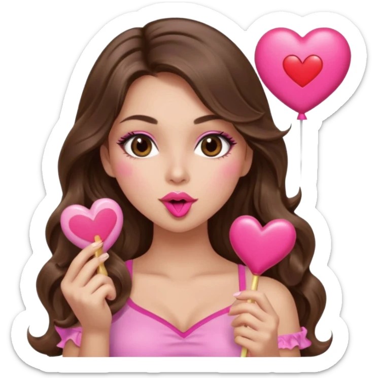 girl with long wavy brown hair, brown eyes, long lashes makeup, sexy pink lips, light to medium complexion, wearing a pink sexy top, blowing a kiss, heart lillipop sticker
