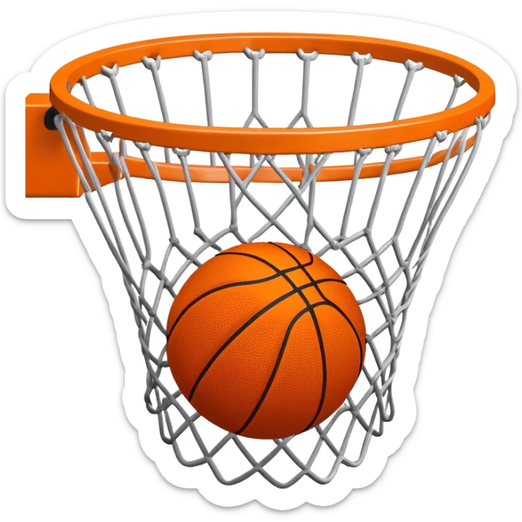 Simple orange basketball with NBA logo caught in basketball net from below perspective, iOS emoji style sticker