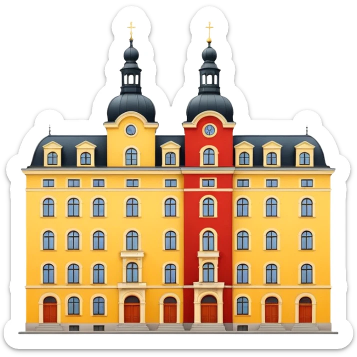 two colorful historic buildings in Stockholm, yellow and red sticker