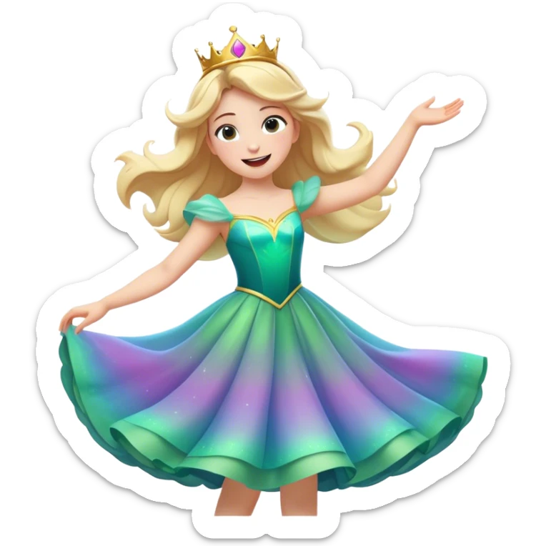 Cinematic Playful Aurora Portrait Emoji, Spinning in her dress, arms gracefully extended, eyes filled with laughter, exuding joy and charm, a princess dancing through her dreams! sticker