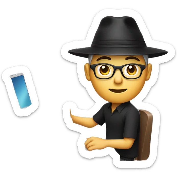 A memoji-style man, wear nearsighted glasses, a traditional Vietnamese conical hat , black shirt, sitting at a desk, a cup of coffee on desk, typing on keyboard, laptop in front sticker