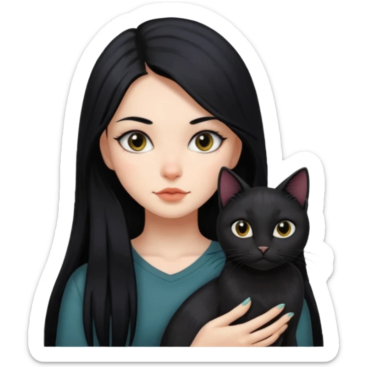 black and long straight hair pretty bratz baddie with tattoo and black cat sticker