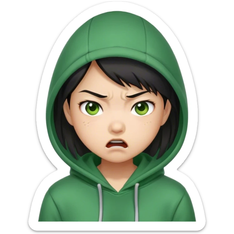 ASIAN girl emoji, angry, upset wearing green hoodies sticker