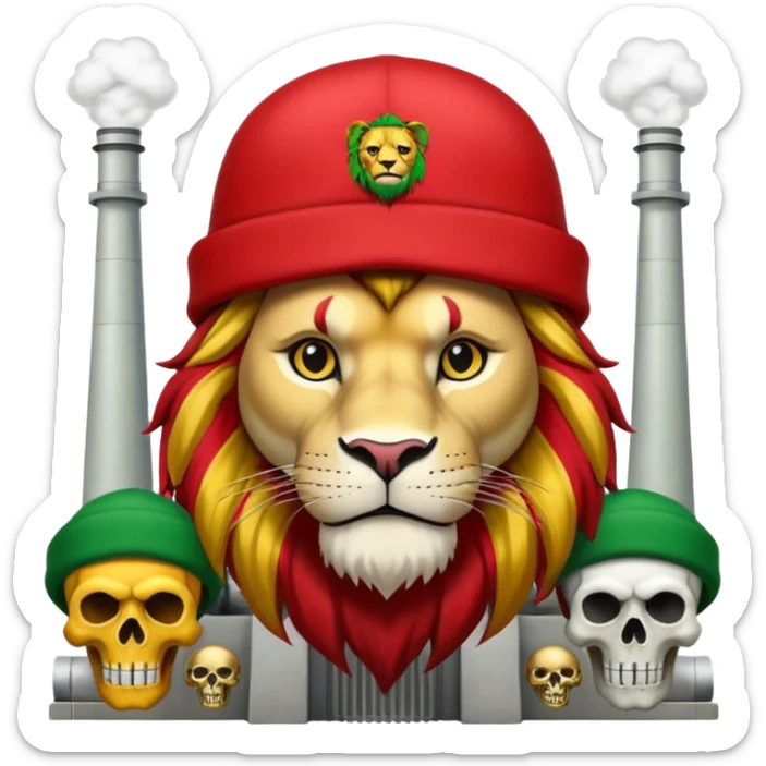 Create a power station with a rasta cap on with red gold green grafite of a lion and skulls with Fred the fossibot written on it sticker