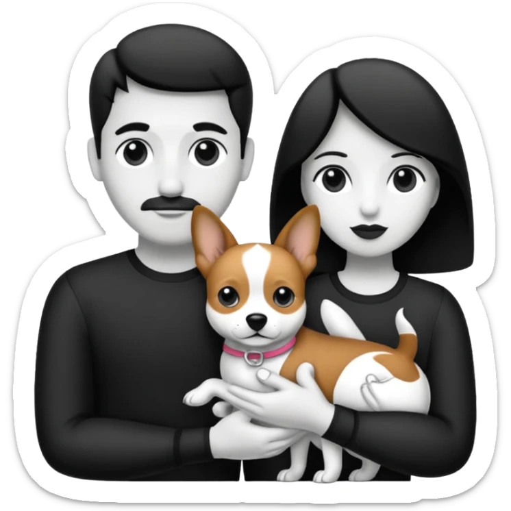 Pareja hombre y mujer, y con dos perritos pincher en sus brazos, puedes hacerlo en blanco y negro  sticker