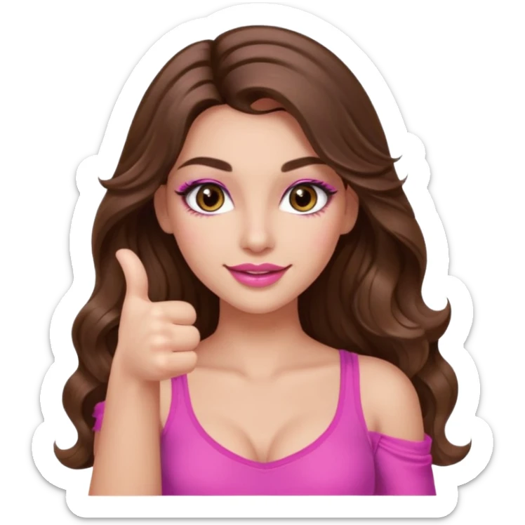 girl with long wavy brown hair, brown eyes, long lashes makeup, sexy pink lips, light to medium complexion, wearing a pink sexy top, thumbs up sticker