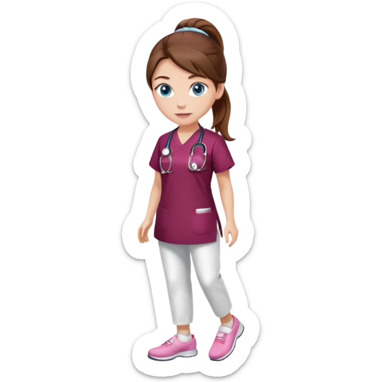 Nurse with brown hair and blue eyes, wearing hair into a ponytail, blue eyes, burgundy tunic, white pants, pink shoes sticker
