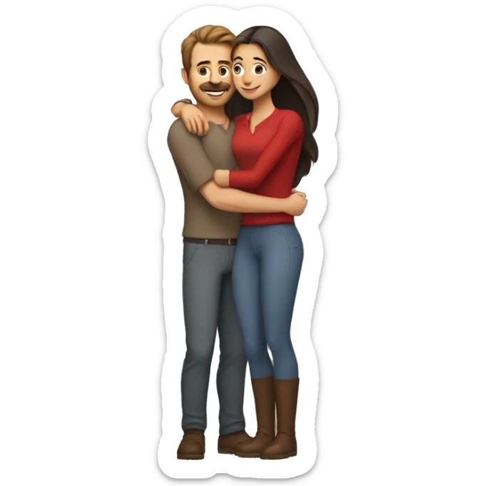 A taller Indian woman with long hair and tight fitting gray colored clothes (darker tights) hugs a shorter white man with a red shirt and brown hair. The woman is taller than the man sticker