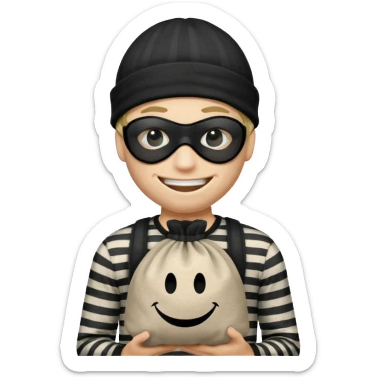 smiley robber wears black eye mask, black beanies and black and white stibes shirt with one money bag beside him sticker
