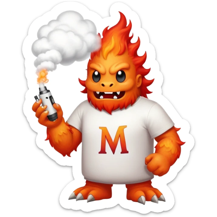 A fire monster wearing a white t shirt with the letter "M" and a vape in his hand blowing smoke sticker