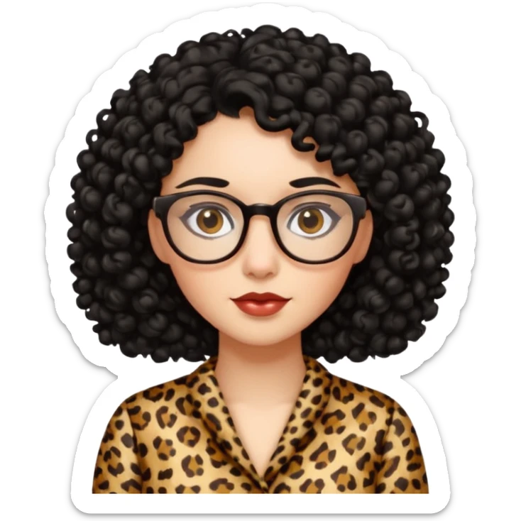 A women who wears glasses with a black curly hair, in a leopard print dress  sticker
