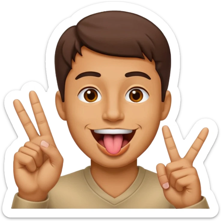 Man making v shape with fingers and tongue sticking out of mouth sticker