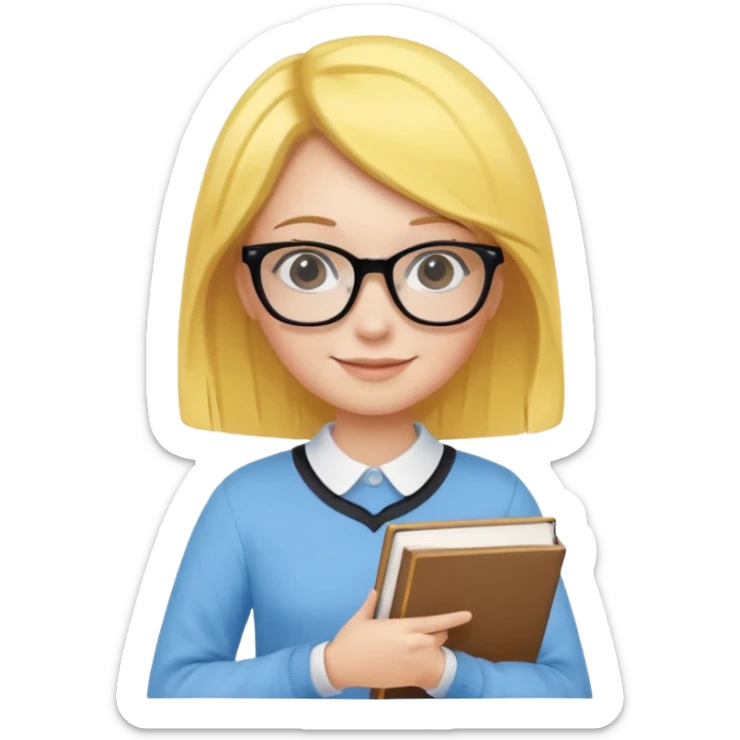 A smart and cute girl with yellow bobbed hair, wearing sky blue clothes,
I hold a book in one arm. There is a pen in the book.
He is wearing black-rimmed glasses and smiling brightly. sticker