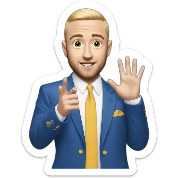mac miller waving his hand with a blonde comb over skin fade wearing a blue suit sticker