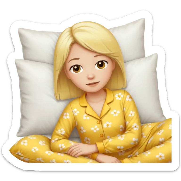 woman with blond hair in yellow pajamas, waking up on a white pillow, classic iOS emoji style sticker