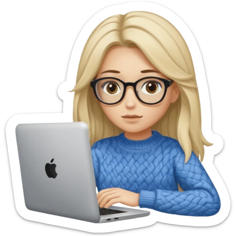 ragazza bionda con capelli lunghi, con occhiali tartarugati, occhi azzurri, con maglione beige, seduti alla scrivania che lavora al pc sticker