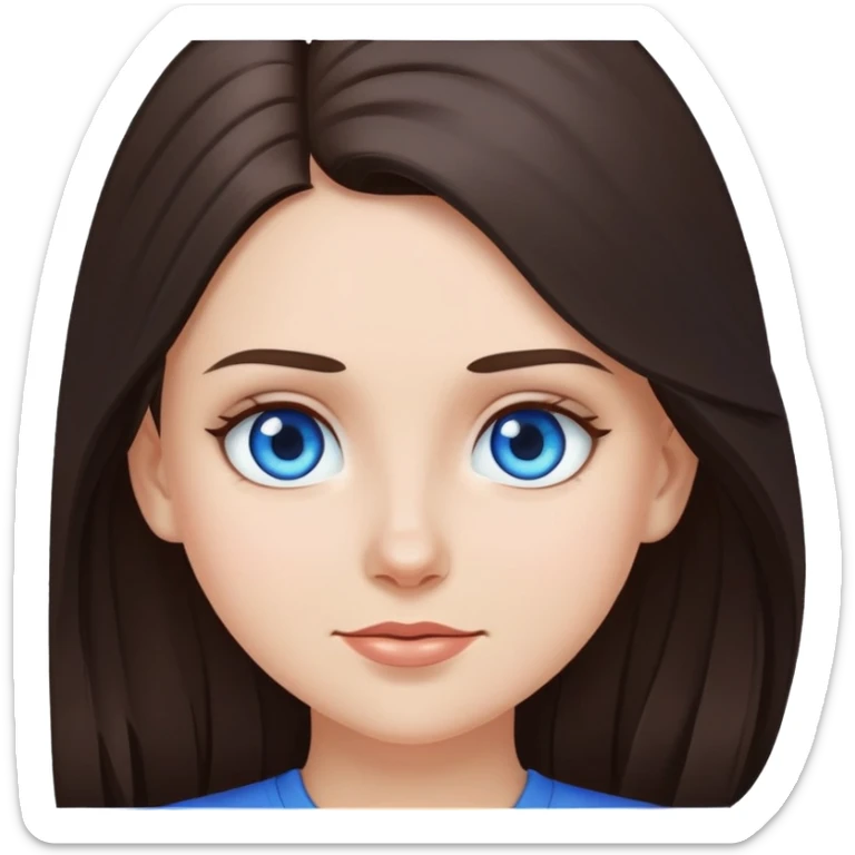 White girl, long dark brown hair, blue eyes, blue top, emoji, beautiful sticker