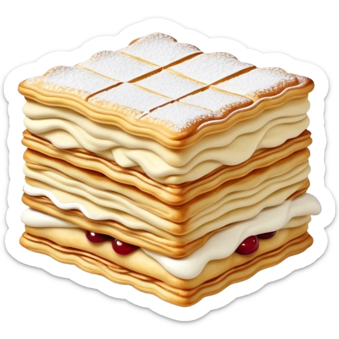 Cinematic Realistic Mille-Feuille Dessert Emoji, depicted as layered puff pastry with rich cream and a dusting of powdered sugar rendered with intricate textures and elegant, soft lighting. sticker