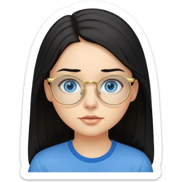 a black haired girl with blue eyes and glasses with blue shirt and long hair and gold glasses sticker