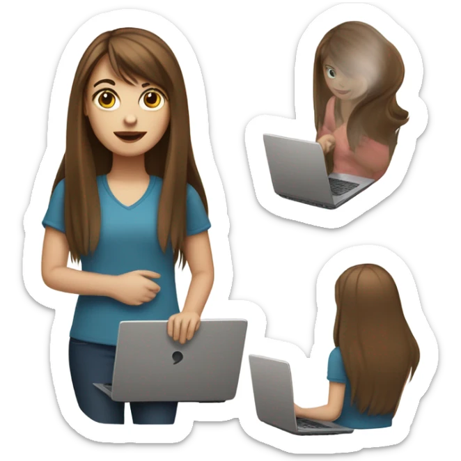 white girl with straight long brown hair and bangs holding a laptop in her hands sticker