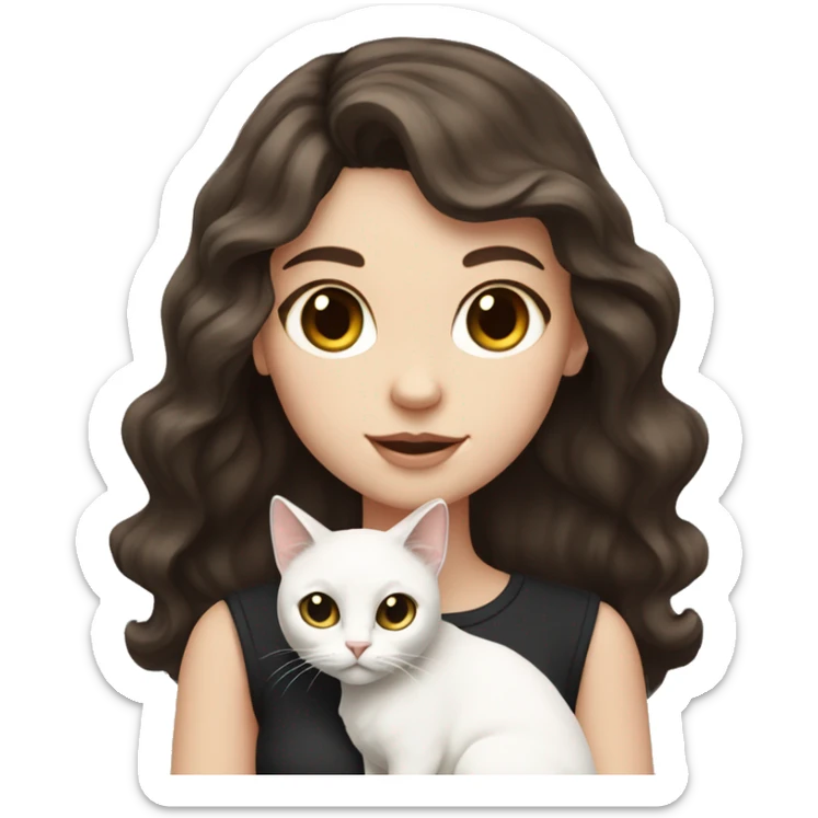 white girl with dark brown wavy hair and black eyes holding white cat sticker