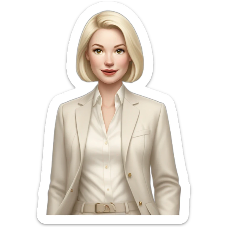 pale skin woman with ash blonde Straightened bob Hair, White Spacious classical jacket, beige palazzo Arrow pants and gray blouse holding white IPhone 15 pro in the hands sticker