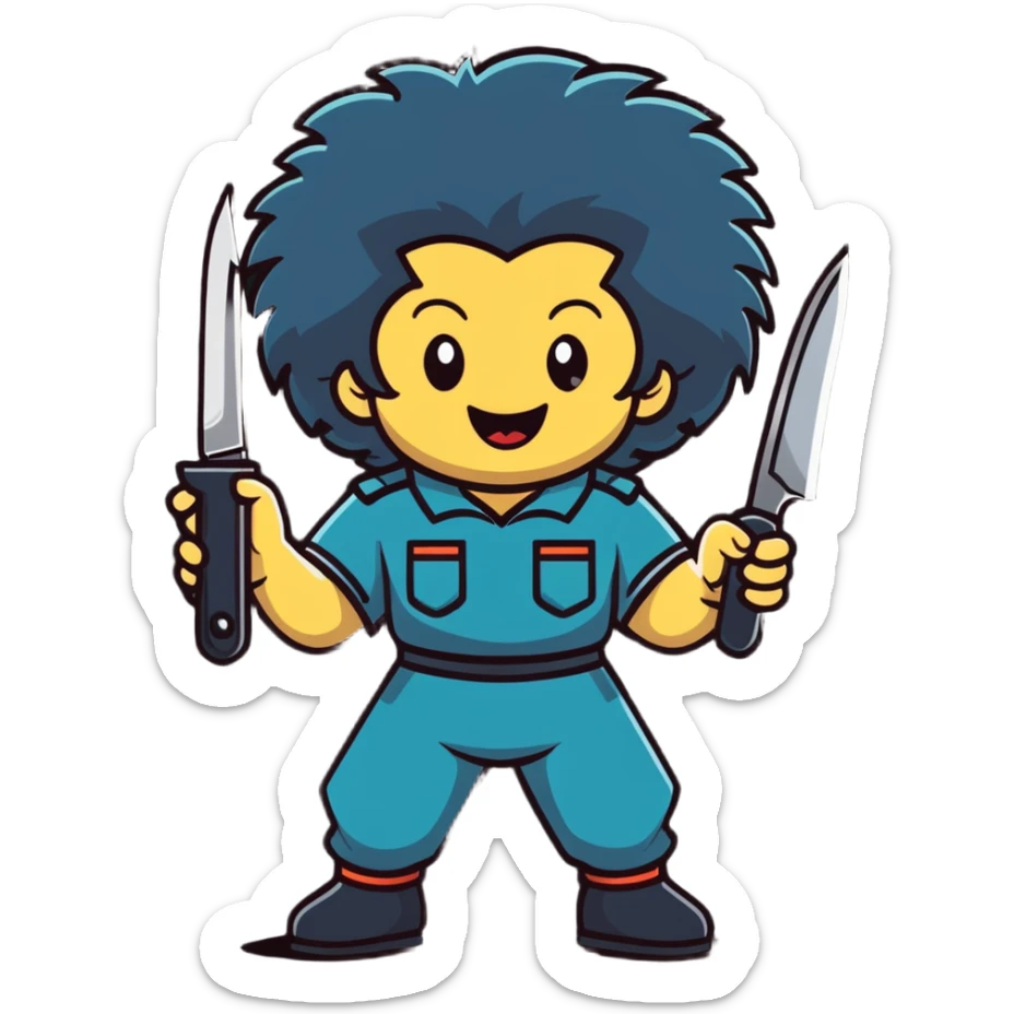 wild savage person in 1988 retro outfit with big hair, holding knife, evil laughing expression sticker