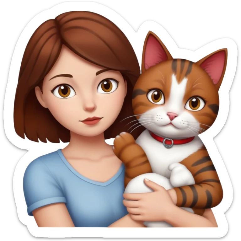 Woman stealing cat. frau mit brauen haaren. katze ist rot, weiß und schwarz. sticker
