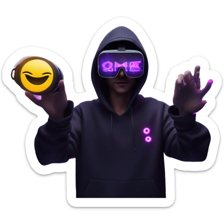 Russian man wearing a black hoodie with "OMG" letters on it and VR headset oculus quest 2 in a cyberpunk VR environment with violet neon lighting. Showing direction with hand sticker