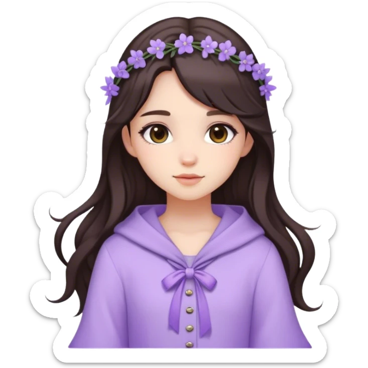 Cute girl with long dark brown hair and lavender asthetic outfit and accessories  sticker