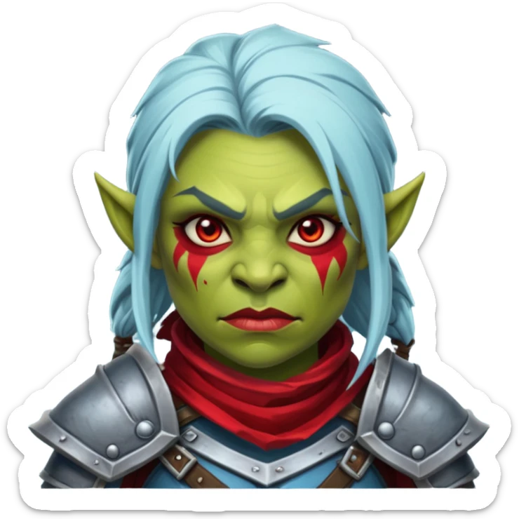 Fantasy Christmas orc legion soldier icon, iron tundra army theme, heavy winter armor, disciplined brutal look, dark icy steel armor with bold crimson cloth and markings, cold blue shadows, high contrast, clean emoji portrait style, female variant sticker
