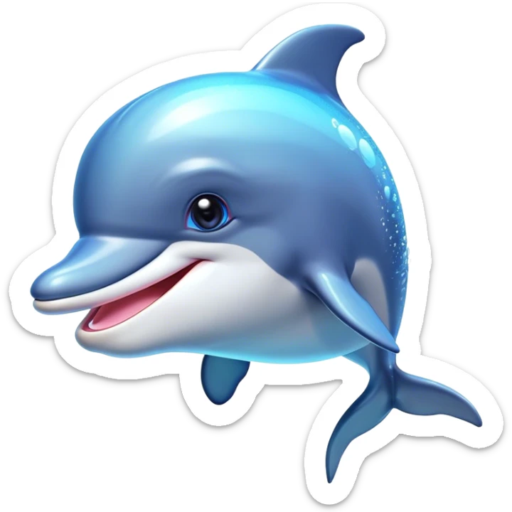 Cinematic Cheeky Dolphin Portrait Emoji, With a playful tilt of its head and a mischievous sparkle in its eyes, showcasing a sleek, shiny body accented by a quirky, animated smile and a cheeky wink, Simplified yet hilariously endearing features, highly detailed, glowing with a vibrant, sassy aquatic glow, high shine, spirited and fun, stylized with an air of quirky marine mischief, soft glowing outline, capturing the essence of a super cute dolphin that looks ready to splash its way into viral fame with playful charm! sticker