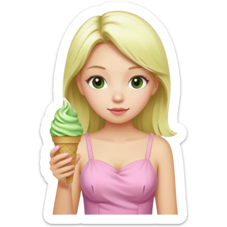 girl blonde long hair in pink dress,  eating matcha ice cream sticker